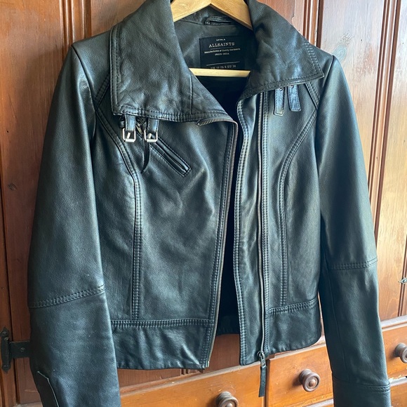 AllSaints black leather jacket. Fully lined, front zip, buckle and snap details. - Picture 3 of 11